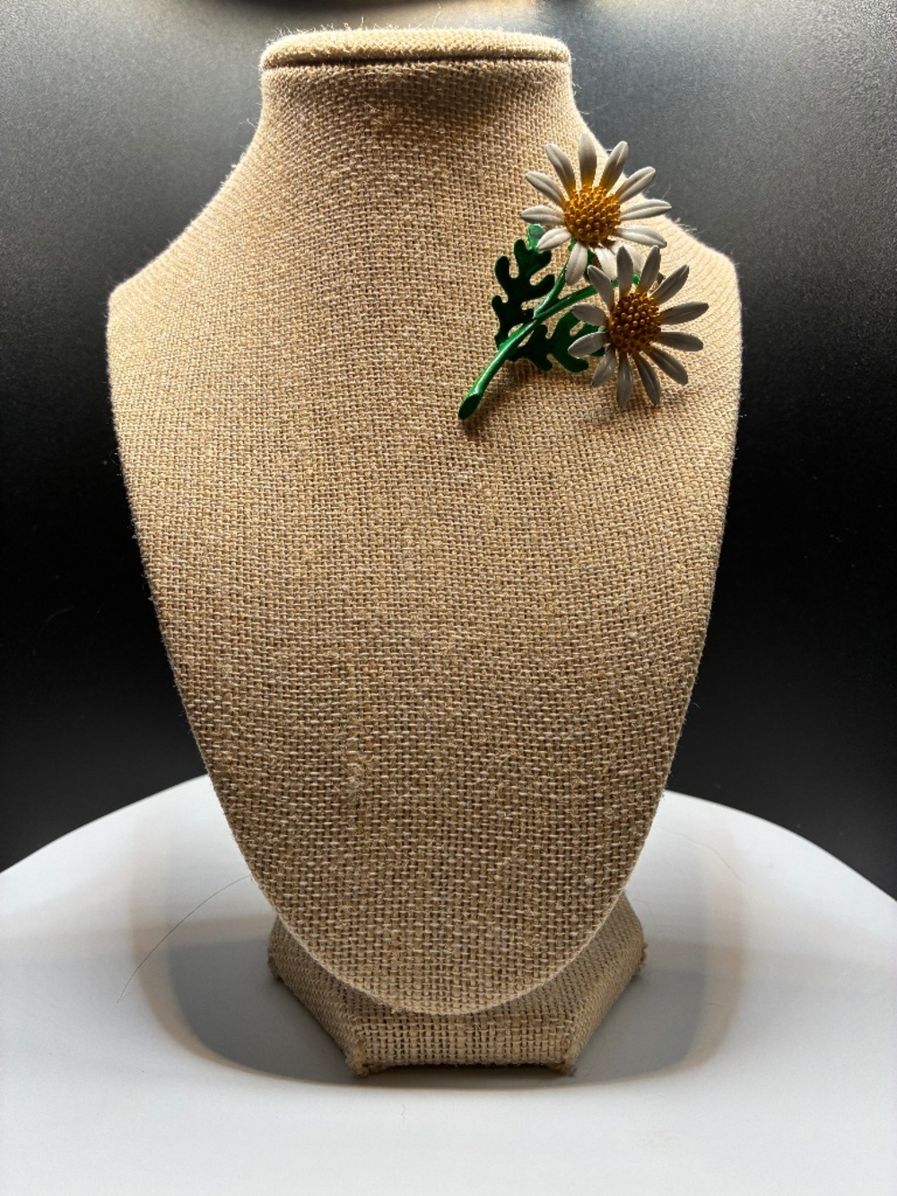 Vintage 1960’s Brooch Enameled White Daisy Accented with Green leaves